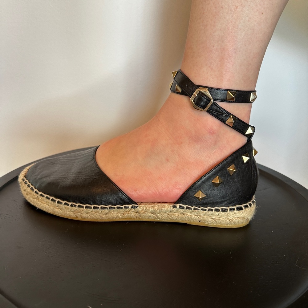 Ash Black Leather Studded Ankle-Strap Espadrille